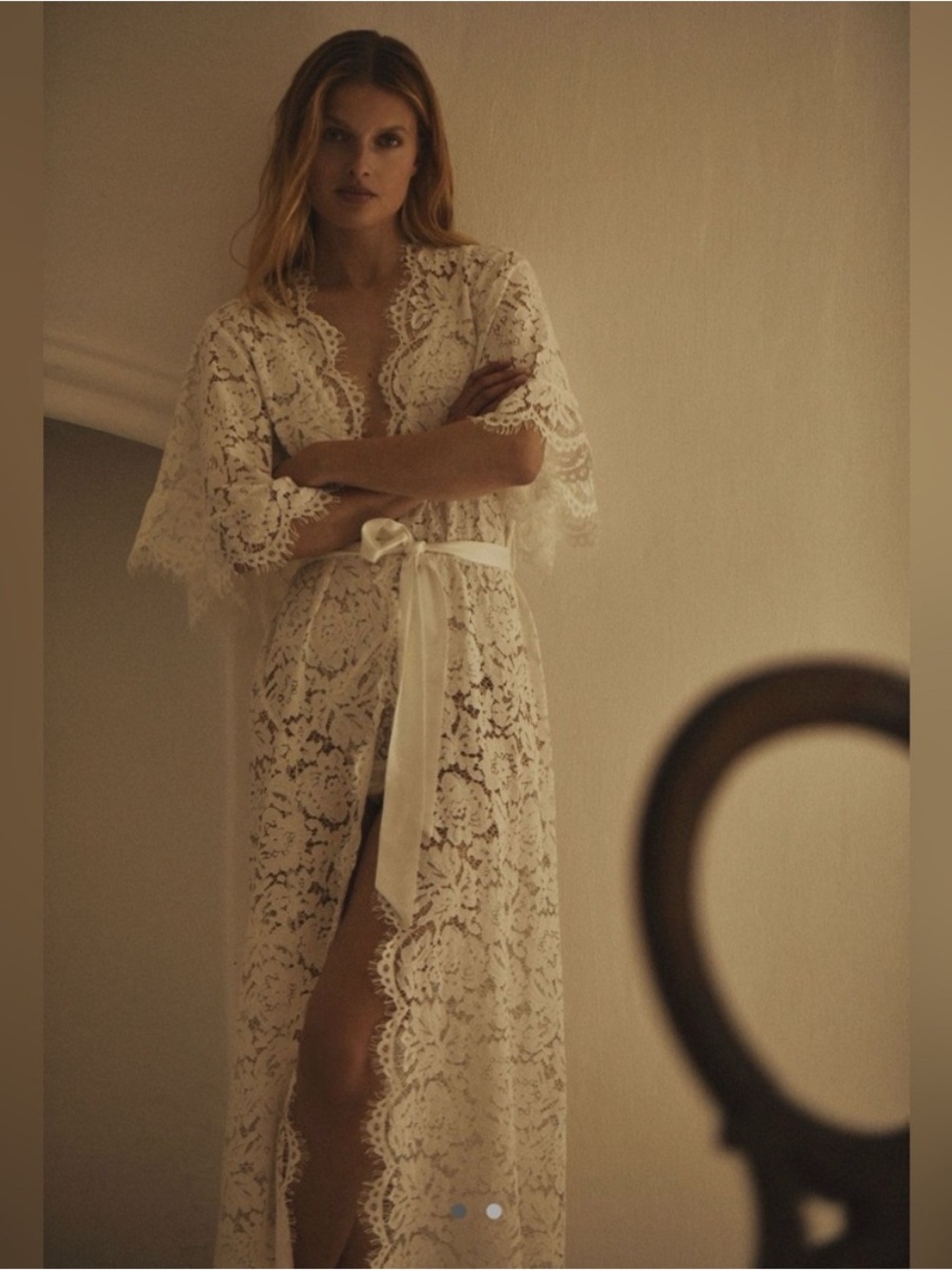 Homebodii bridal lace long robe in ivory with Satin Tie